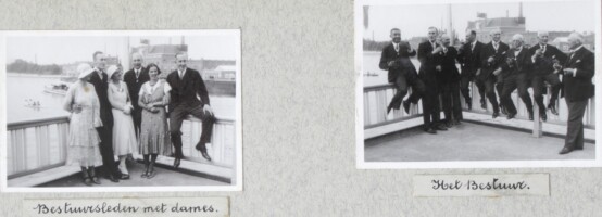 1932 Bestuur. foto rechts: vlnr, Otto Gilquin, Herman Bakker, Bram Jansma, Adolf Straatemeier, Ary Spaans, Arent Daniel Meyjes, Carel W Kok, Geert Drewes. Foto links vlnr H bakker met vrouw, ??