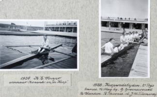 1938, Karel (Kakie) Meijer. Winnaar in de sciff op de Koninklijke. Dames vier-met. Nel Slag (boeg), Greet Groenewoudt, Nel Blanken, Rigtje Taconis (slag), Jacoba Zomerdijk (stuurman)